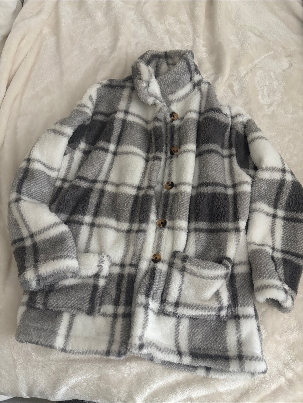 Kids Plaid Faux Fur Jacket - Gray & White